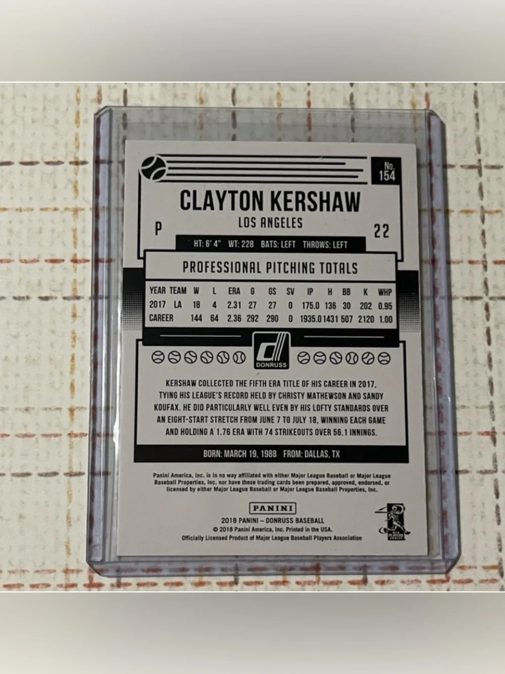 Num: 26/49 Rare ⚾️ 2018 Panini Donruss Baseball Clayton Kershaw Card Blue #154